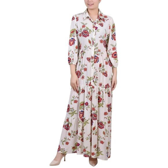 NWT Ny Collection Petites Crinkle Tiered Maxi Dress Ivory Floral Off White PL - Picture 1 of 6